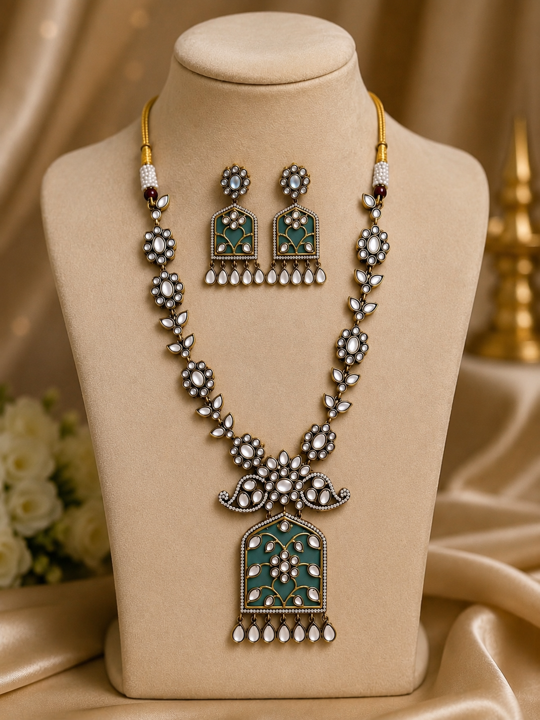 Antique gold-plated Kundan and pastel green jewelry set