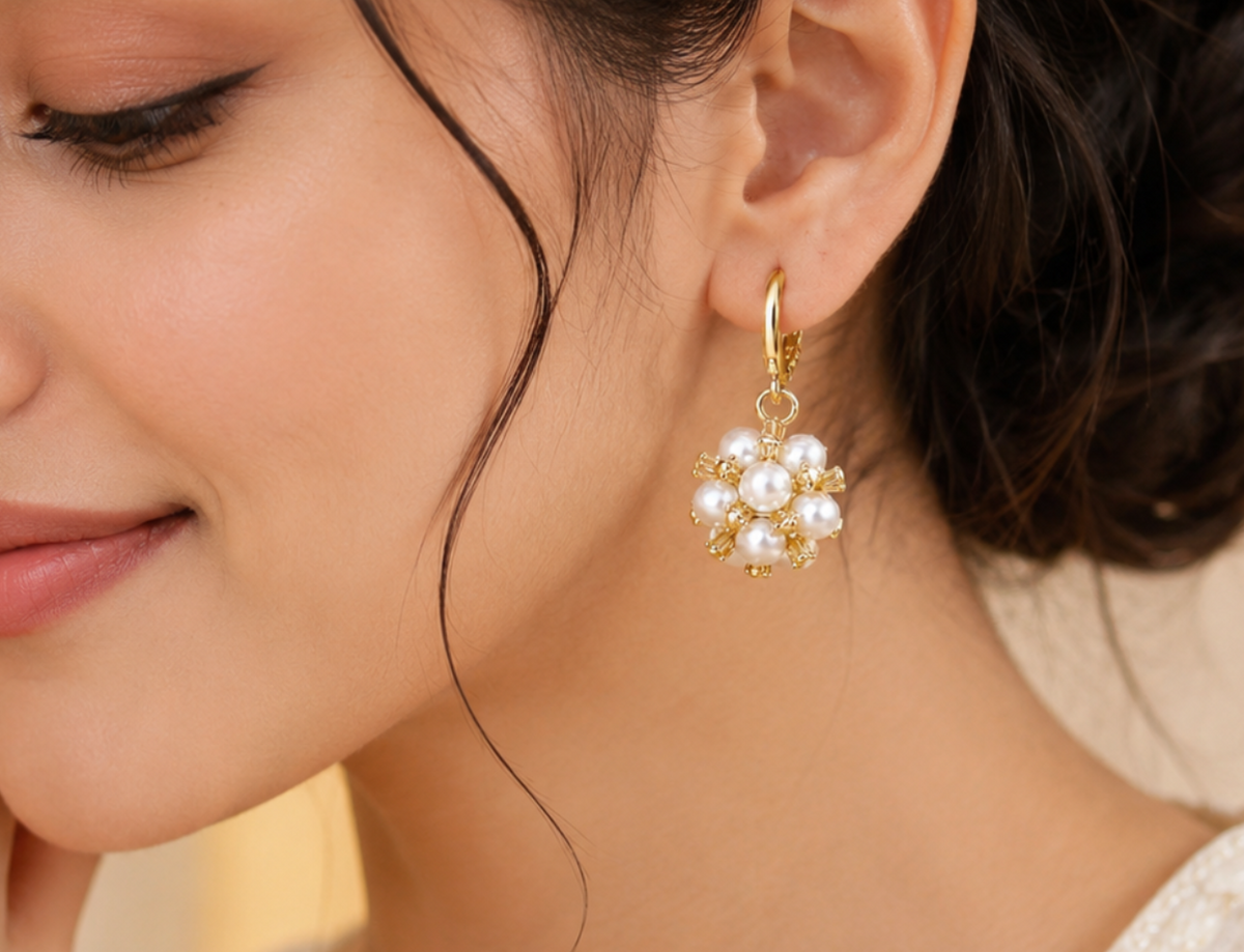 Celestial Pearl Bouquet Gold Huggie Drop Earrings