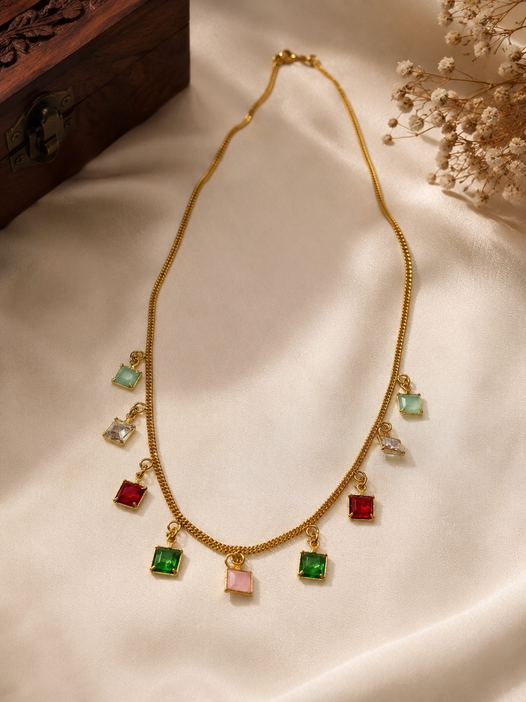 Gold-plated multi-colored glass stone charm necklace