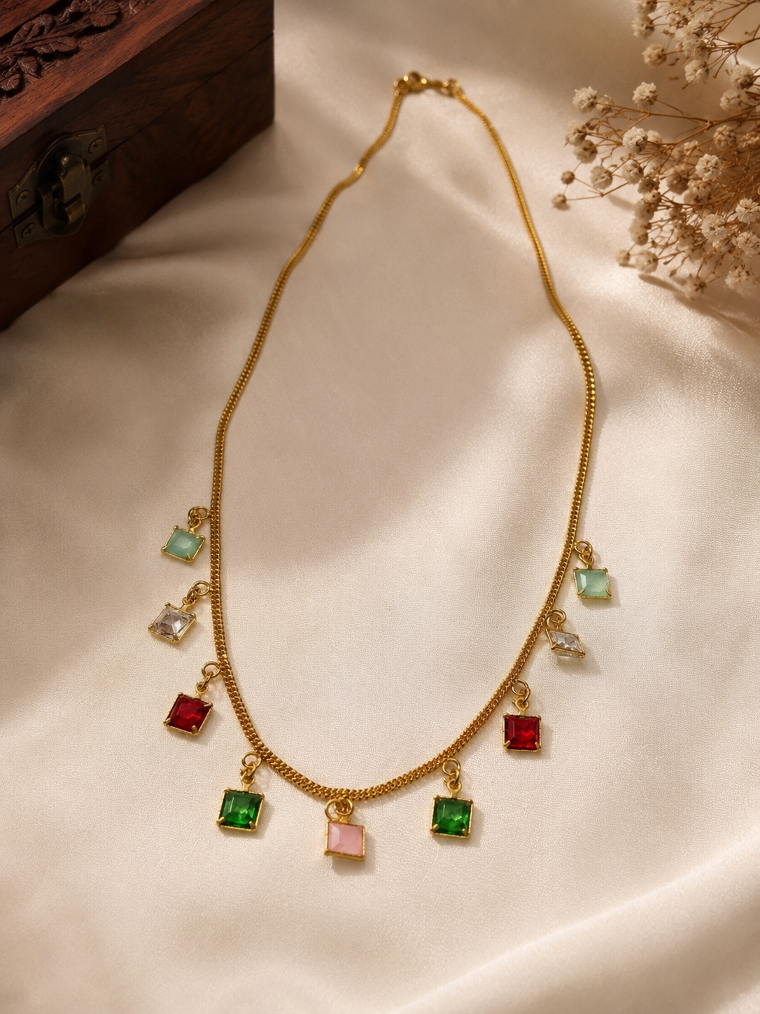 Gold-plated multi-colored glass stone charm necklace