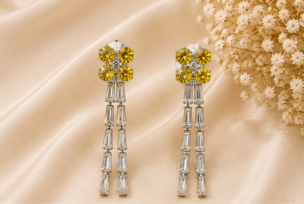 Yellow crystal floral tassel earrings