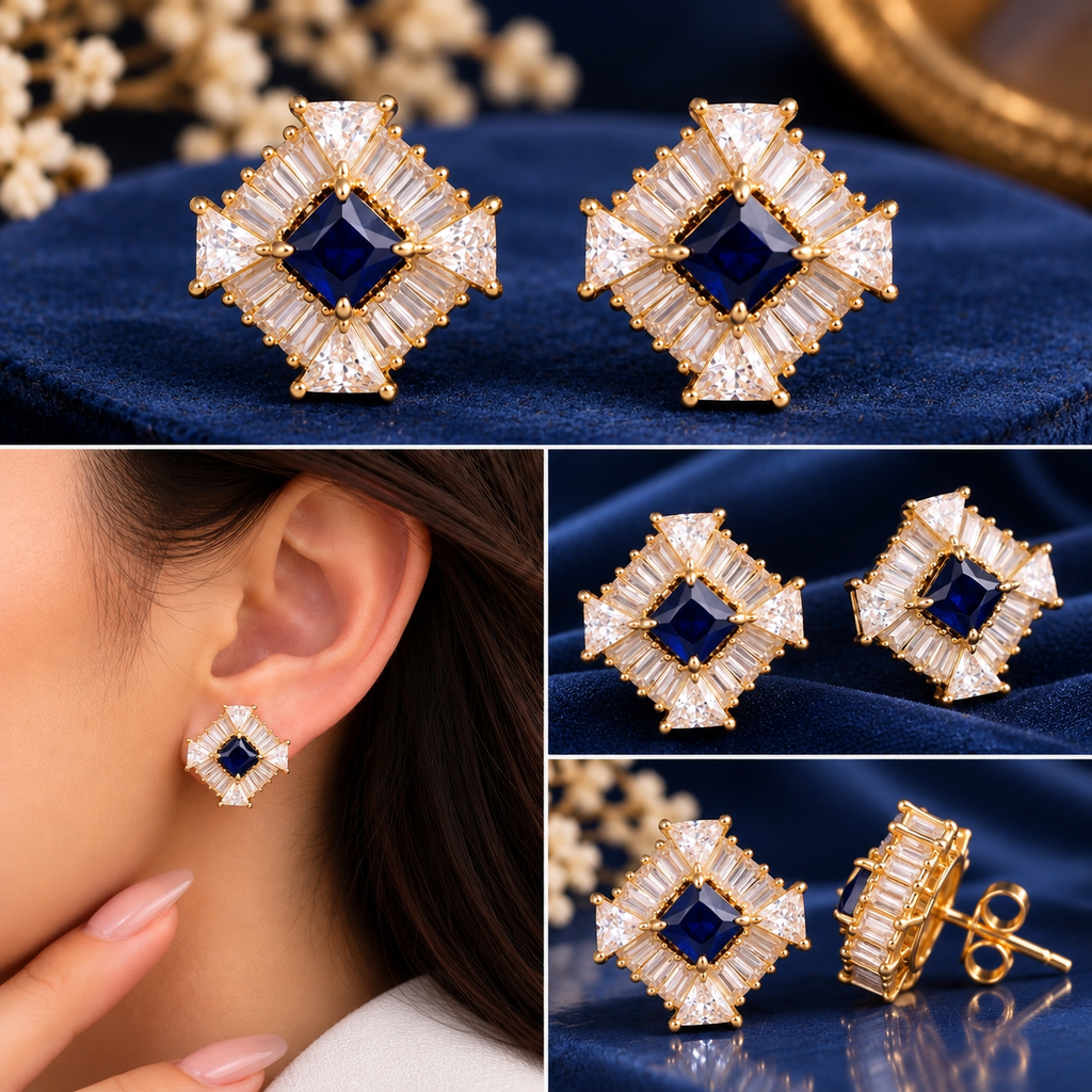 Princess and baguette cut geometric diamond stud earrings