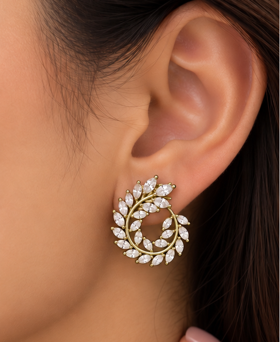Marquise leaf spiral open-circle stud earrings