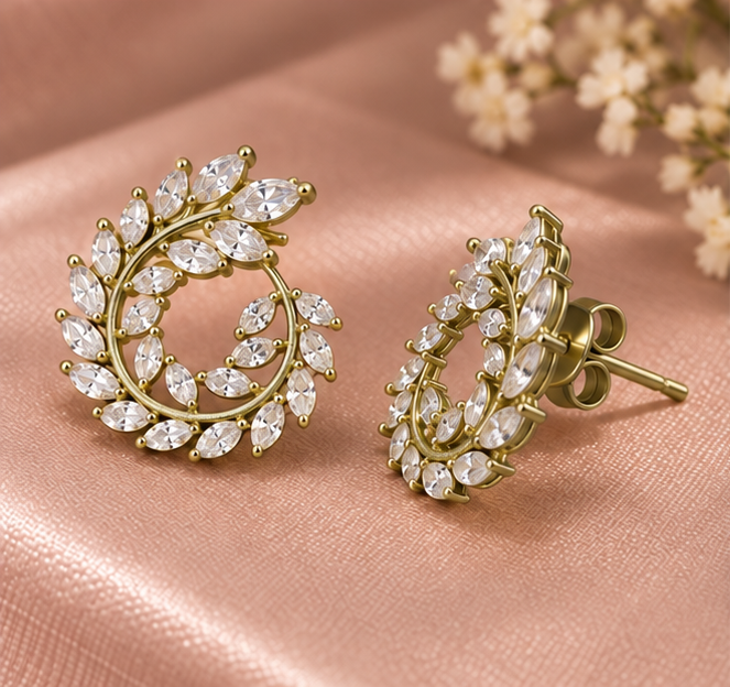 Marquise leaf spiral open-circle stud earrings