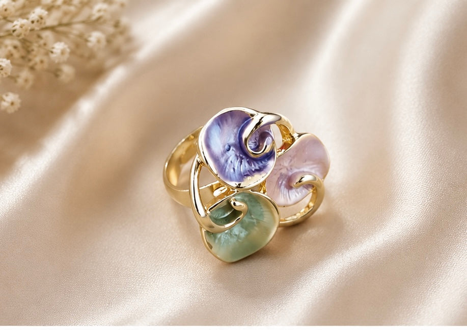 French-vintage style gold enamel swirling petal cluster cocktail ring