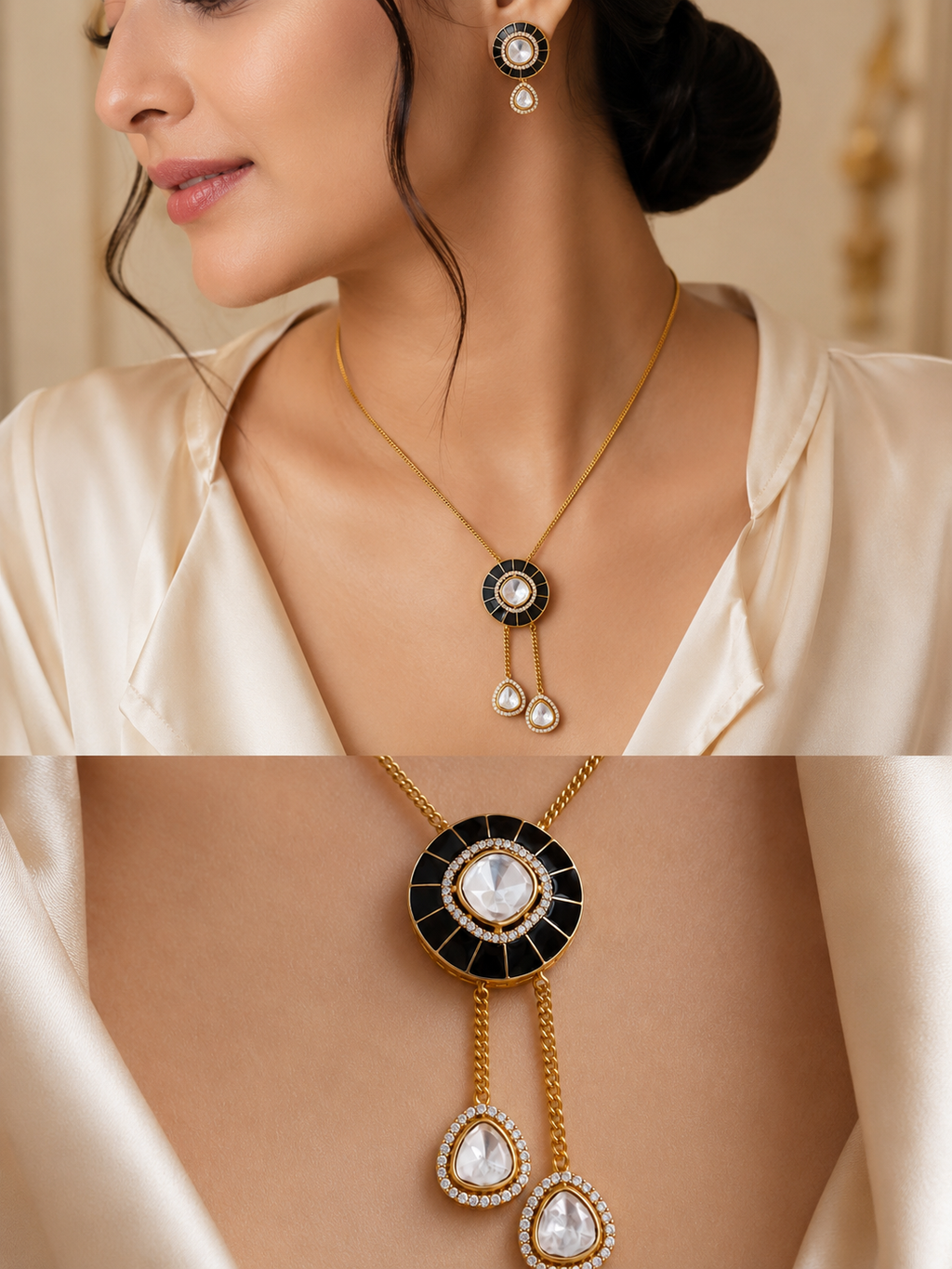 Kundan and Black Enamel Pendant Set.