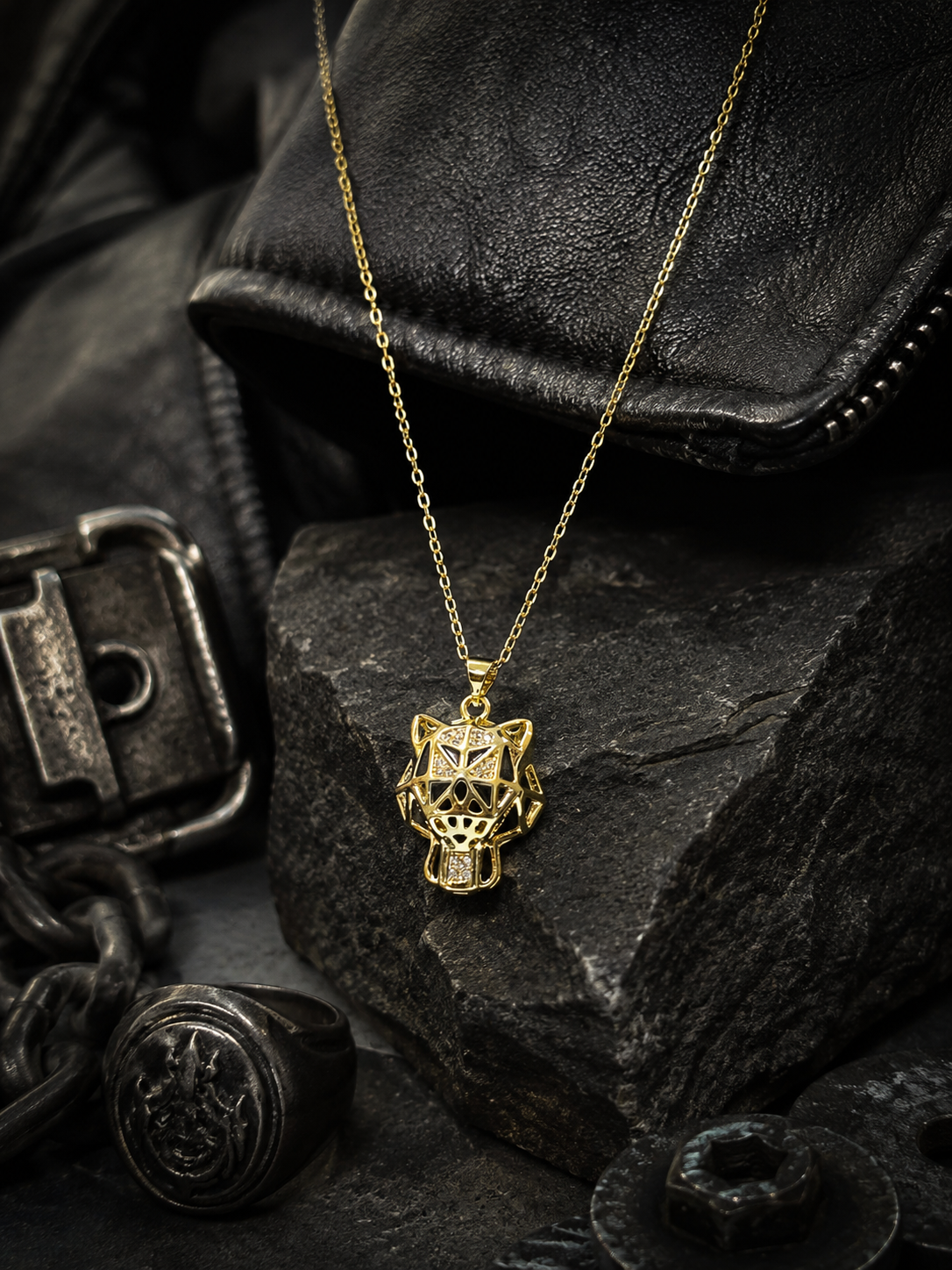 Geometric Panther Head Pendant Necklace