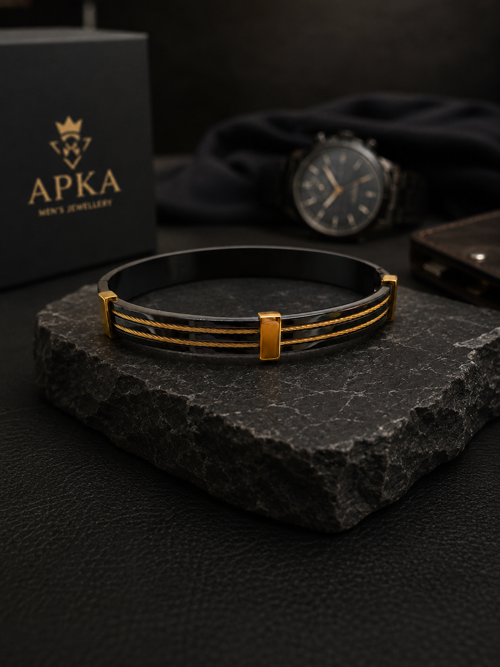 Dual-Strand Cable Wire Black & Gold Kada Men