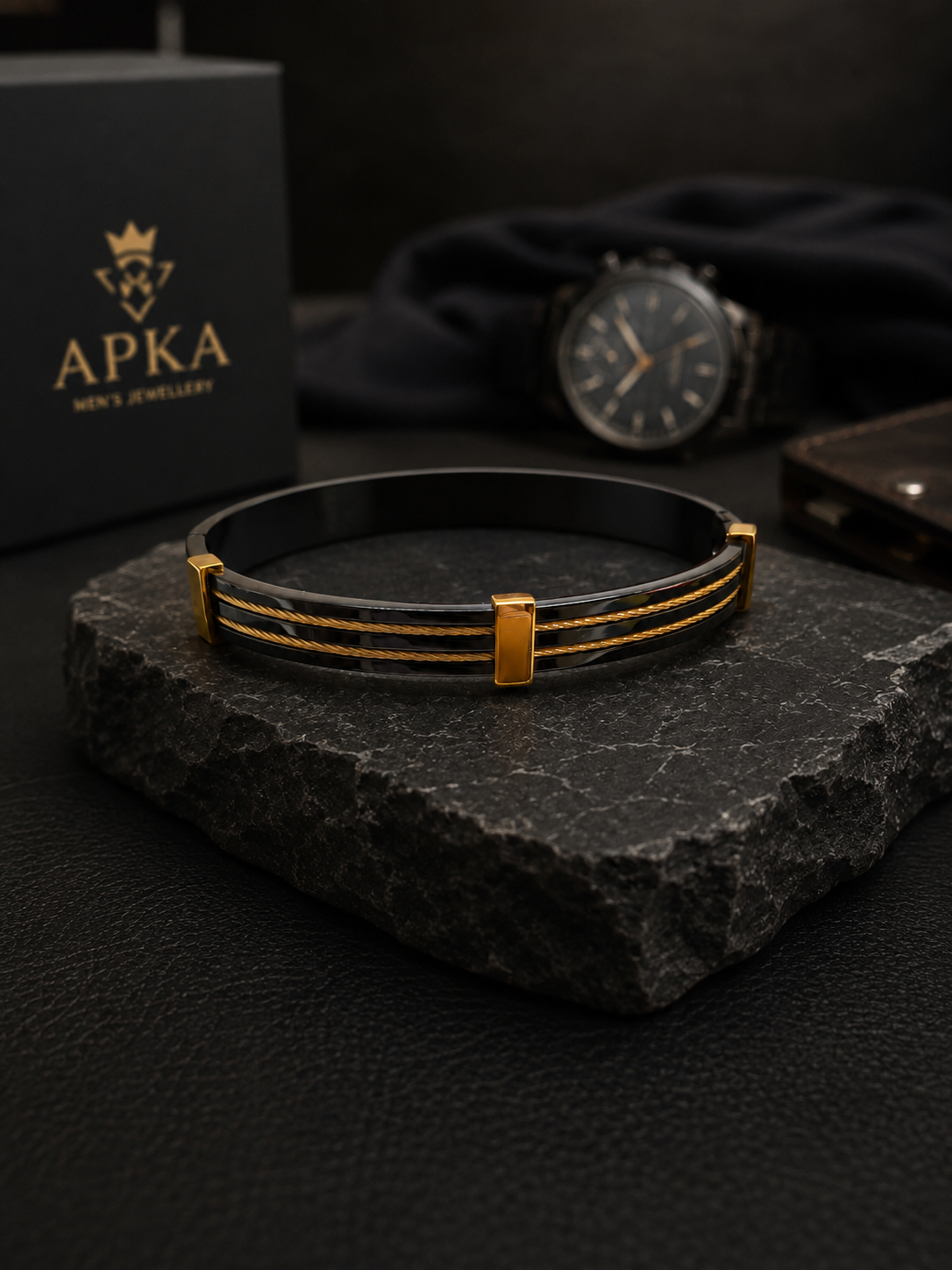 Dual-Strand Cable Wire Black & Gold Kada Men