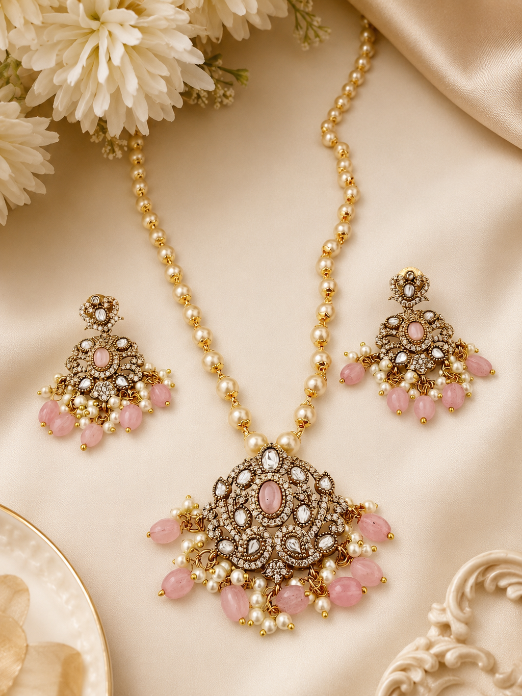 Antique Gold-Plated Kundan Pendant Set