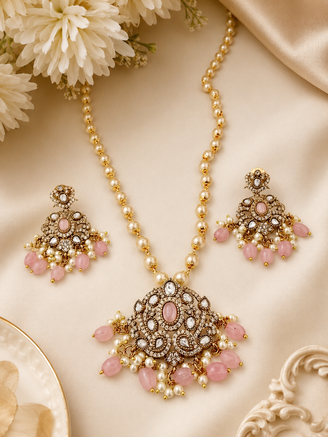 Antique Gold-Plated Kundan Pendant Set