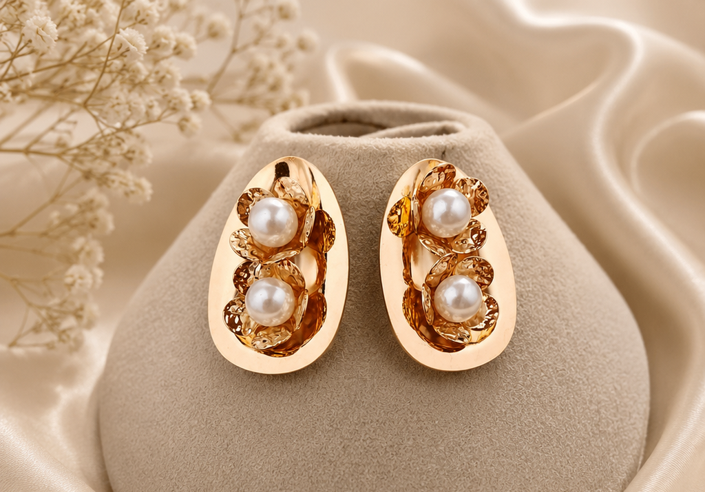Women's vintage gold oval double pearl floral stud earrings