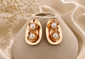 Women's vintage gold oval double pearl floral stud earrings