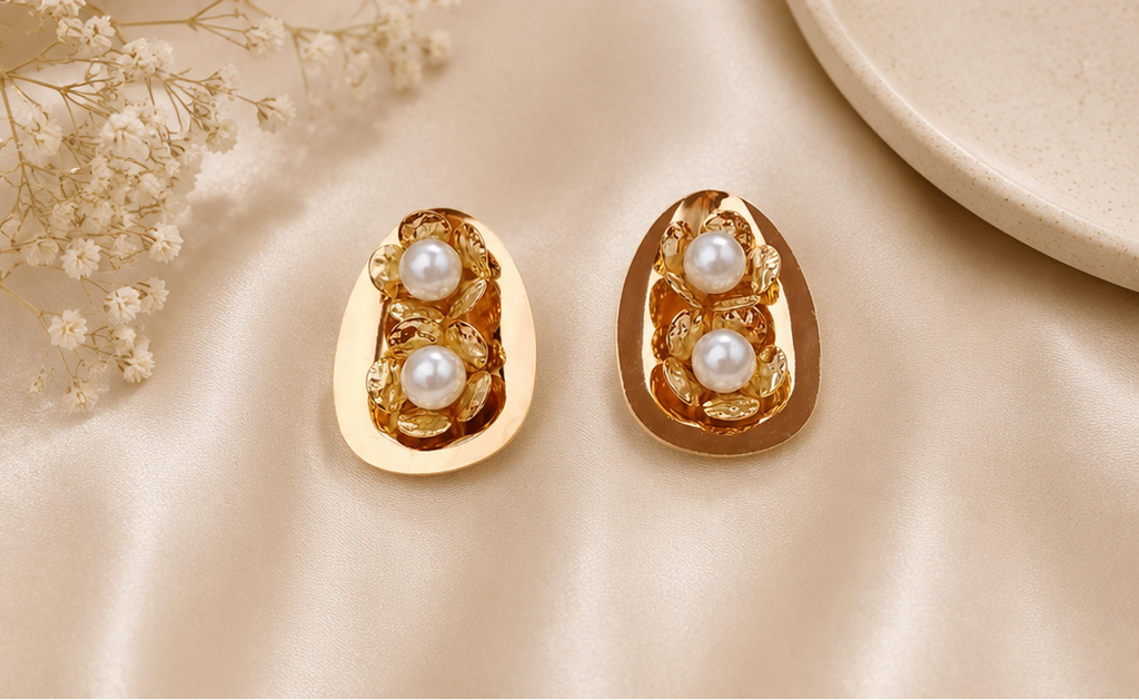 Women's vintage gold oval double pearl floral stud earrings