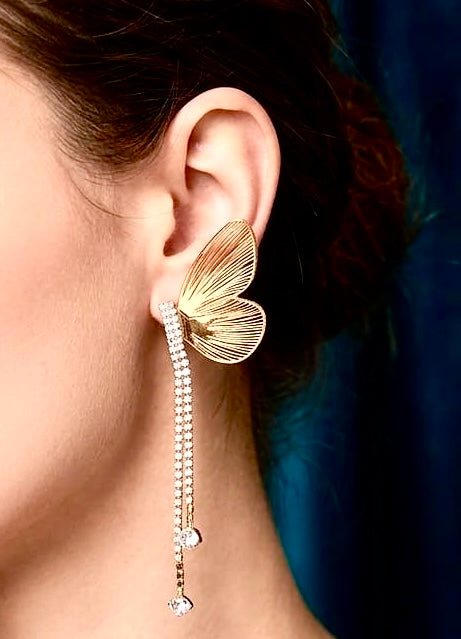 Golden Flutter Crystal Chain Statement Earrings