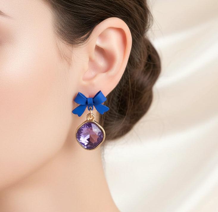 Cobalt Blue Bow & Purple Crystal Drop Earrings