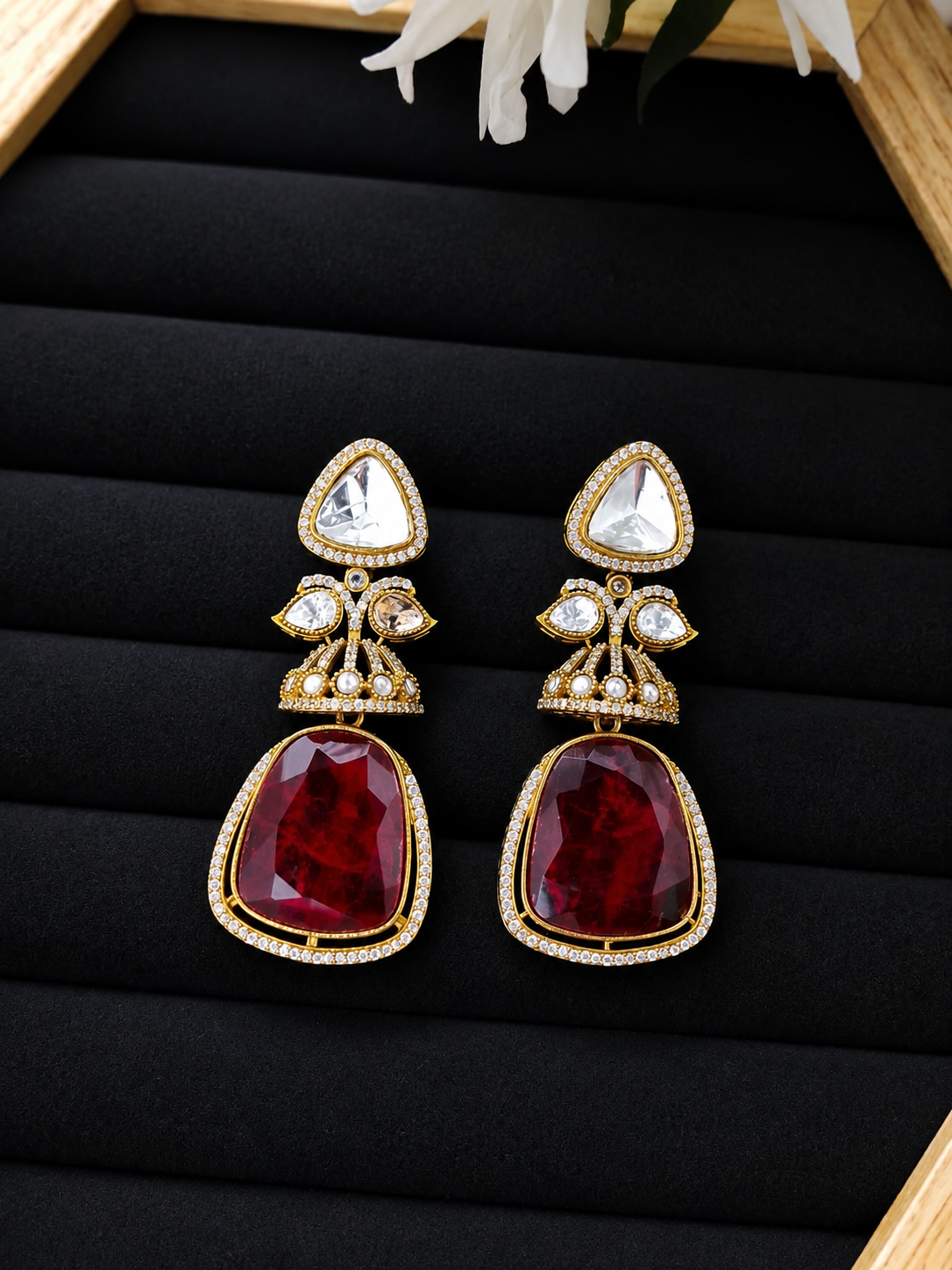 Traditional Gold-Plated Kundan and Ruby Drop Earrings