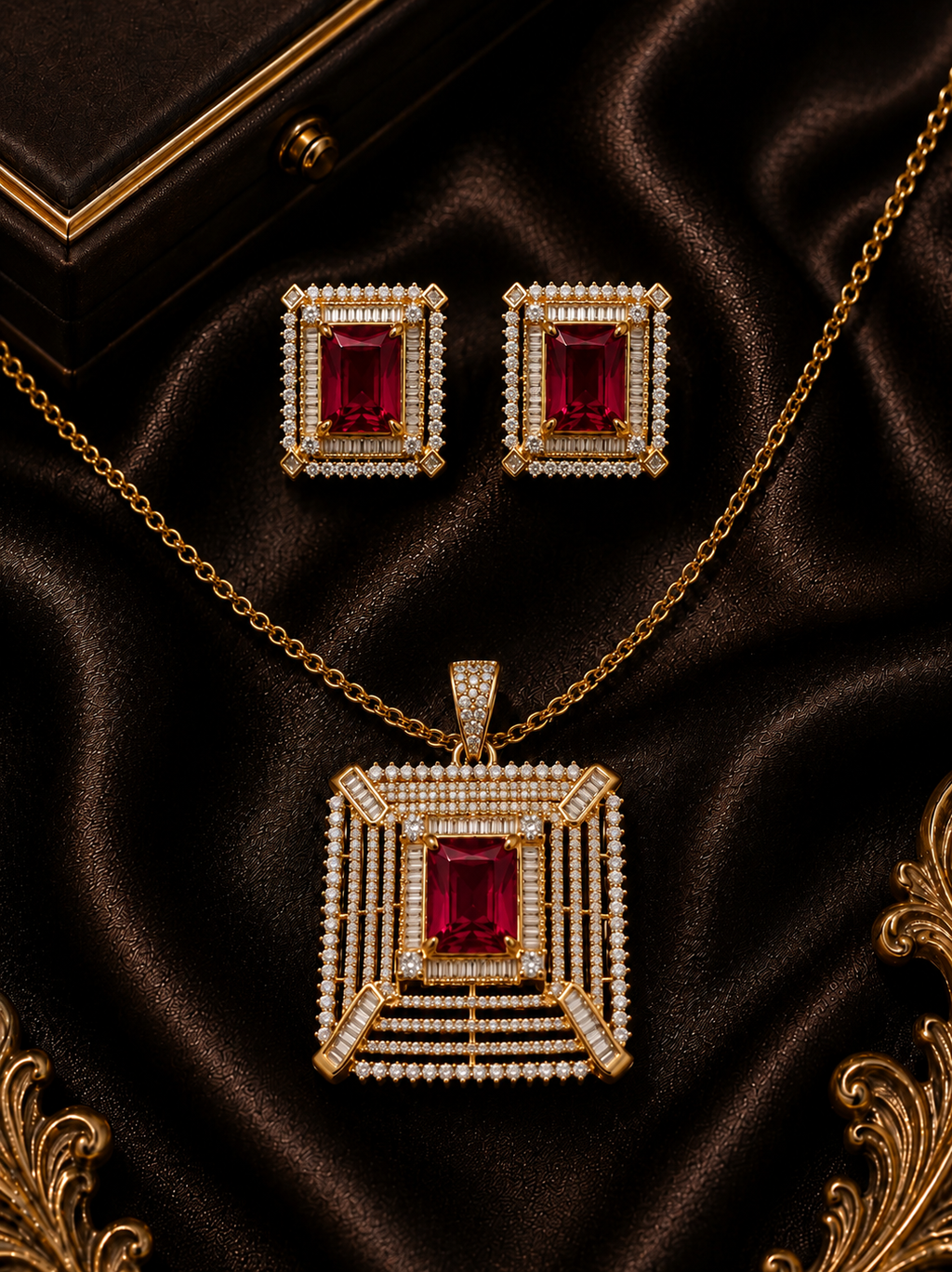 Gold-Plated Ruby Red and American Diamond Pendant Set