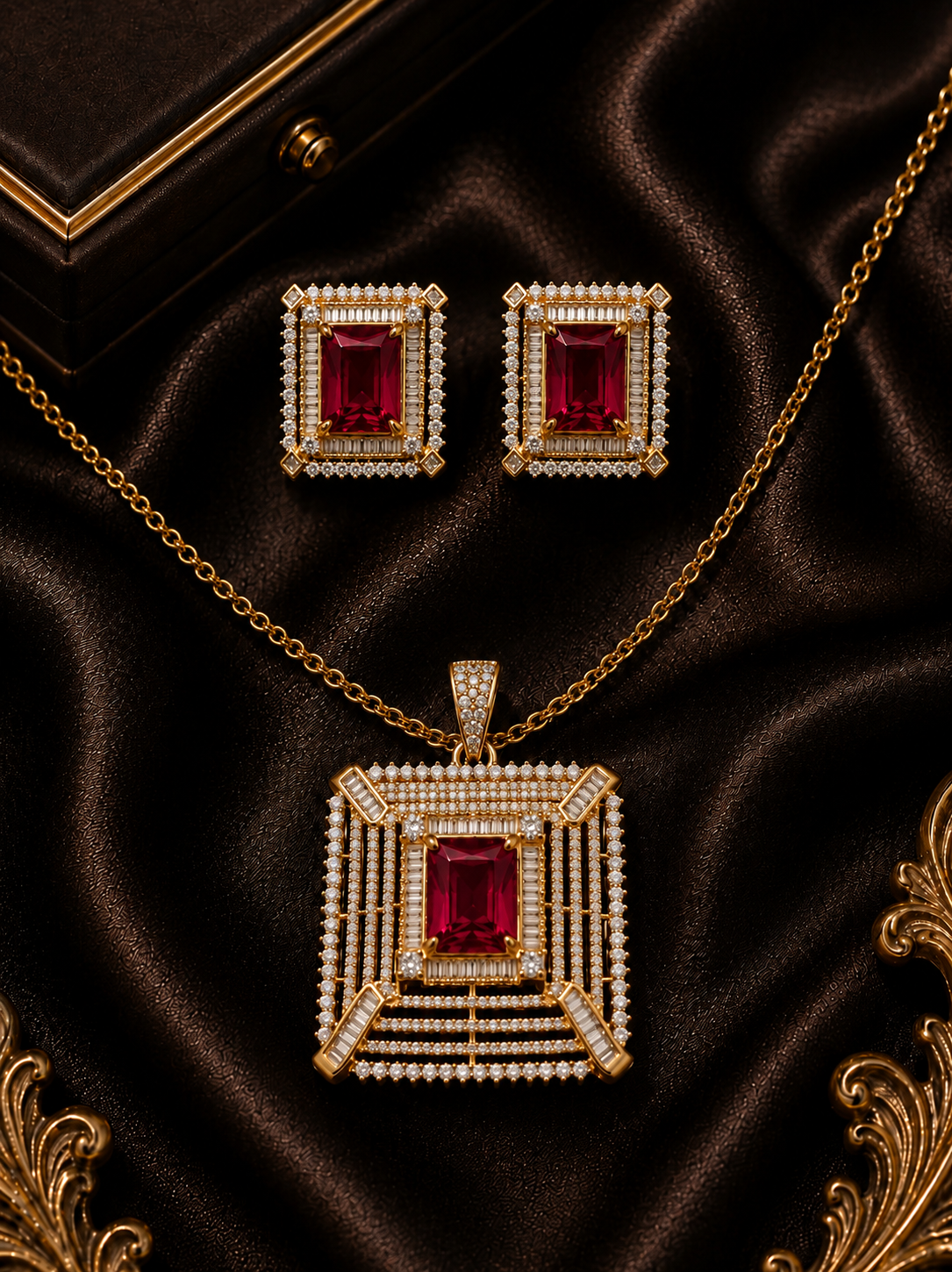Gold-Plated Ruby Red and American Diamond Pendant Set