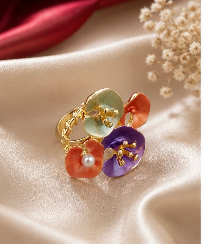 French-vintage style gold enamel wildflower cluster statement ring