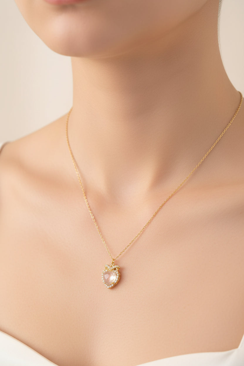 Dainty Cable Chain Necklace with Bow-Tied Crystal Heart Pendant