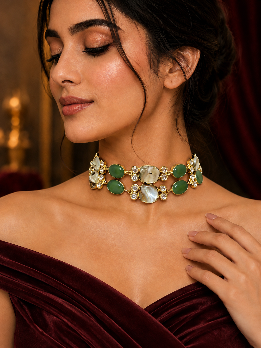 Contemporary Double-Layer Kundan Choker Necklace Set