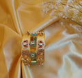 Gold-Plated Rajwadi Kada Open Cuff Bracelet with Kundan, Pearls, and Mint Green Stones