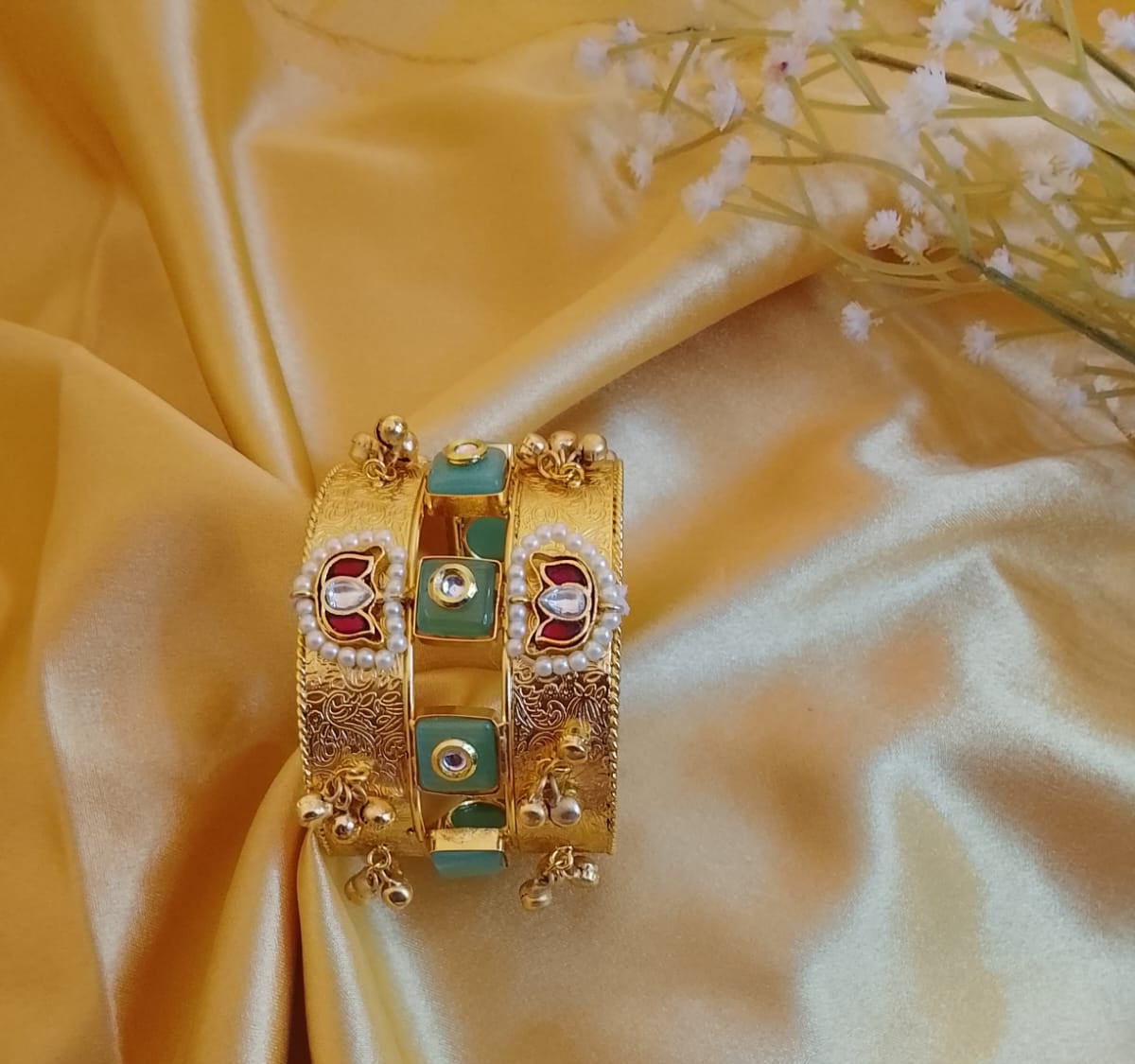 Gold-Plated Rajwadi Kada Open Cuff Bracelet with Kundan, Pearls, and Mint Green Stones