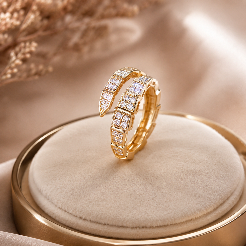 Crystal-encrusted serpent wrap ring