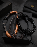 Men's Leather & Onyx Stacked Bracelet Set