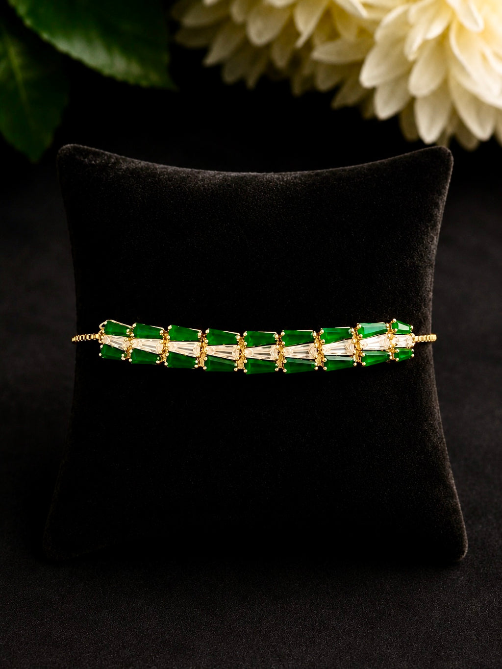 Elegant gold-plated emerald and clear baguette crystal drawstring bracelet