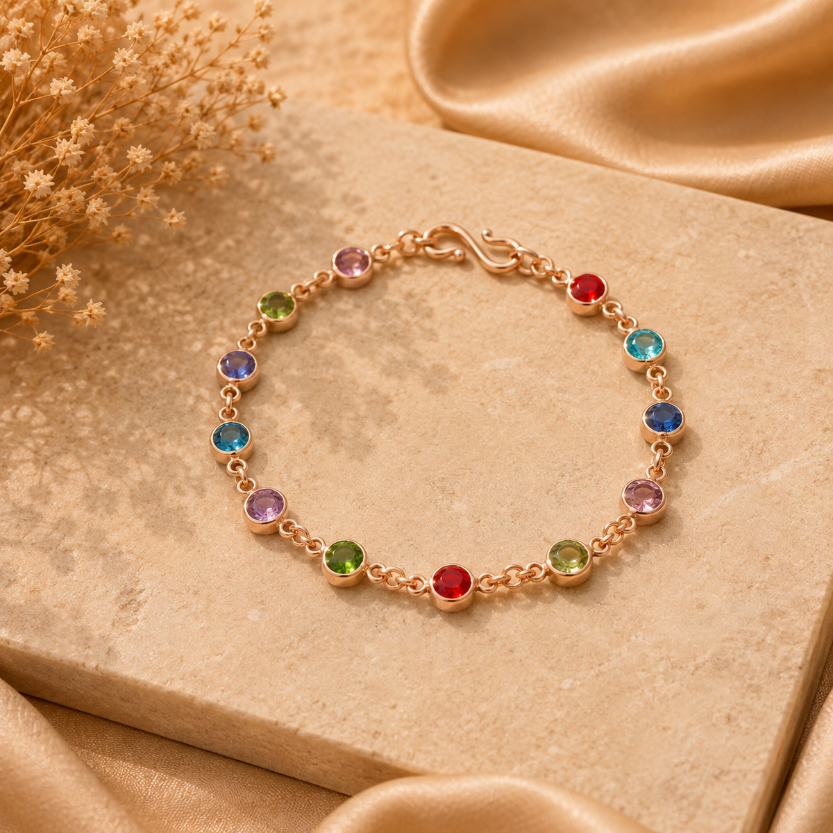 Multicolor bezel-set crystal  gold chain bracelet