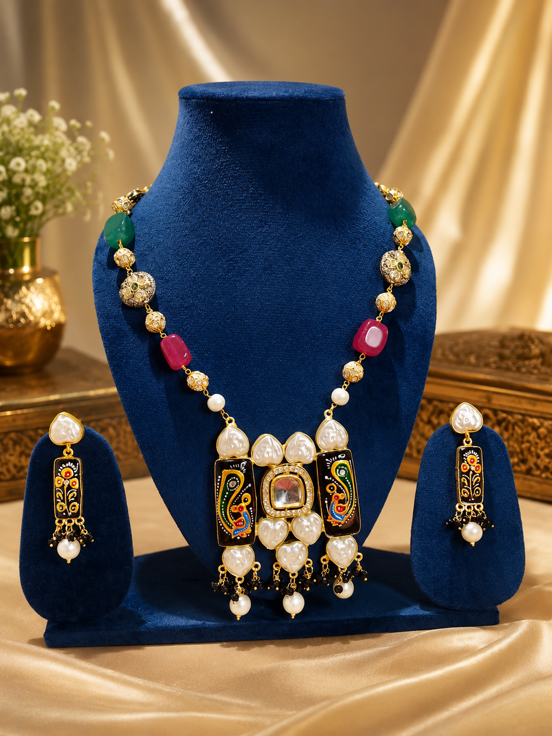 Handcrafted Meenakari and Kundan peacock pendant necklace set with matching earrings