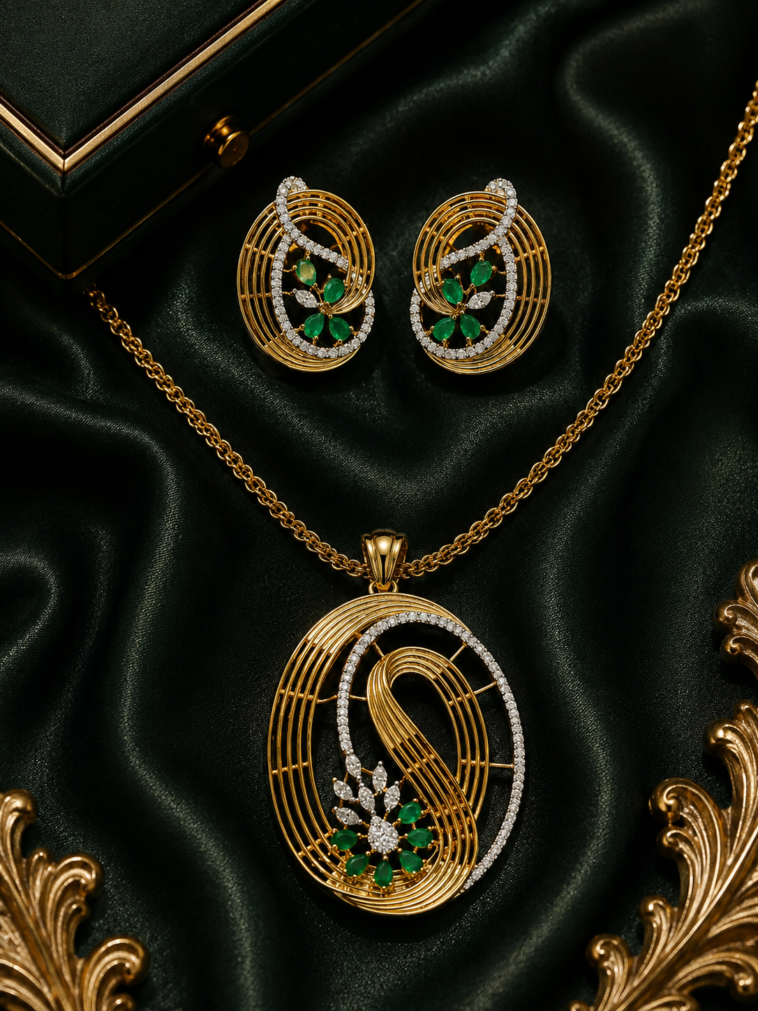Gold-Plated Oval Spiral American Diamond Pendant Set
