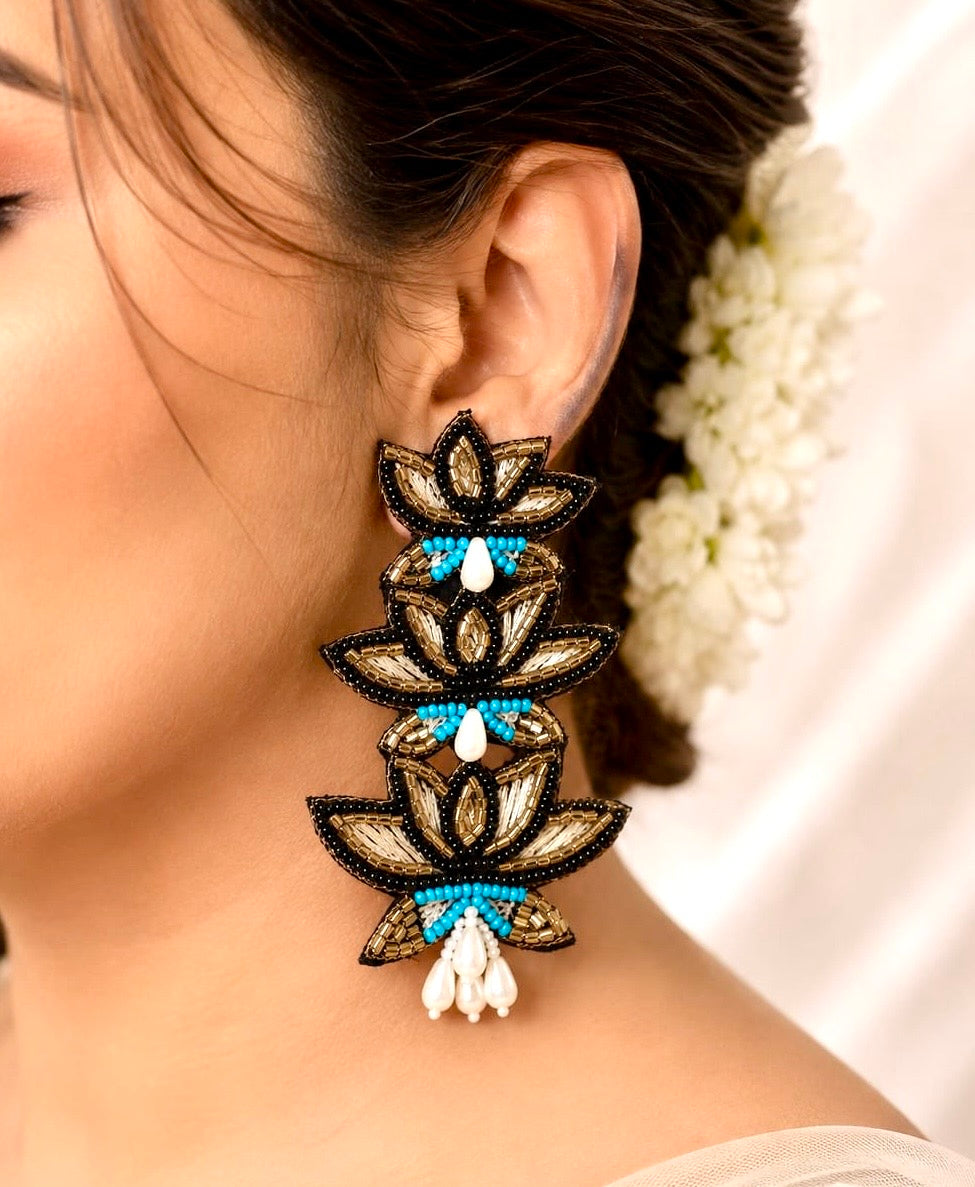 Handmade Three-Tier Beaded Lotus Statement Earrings