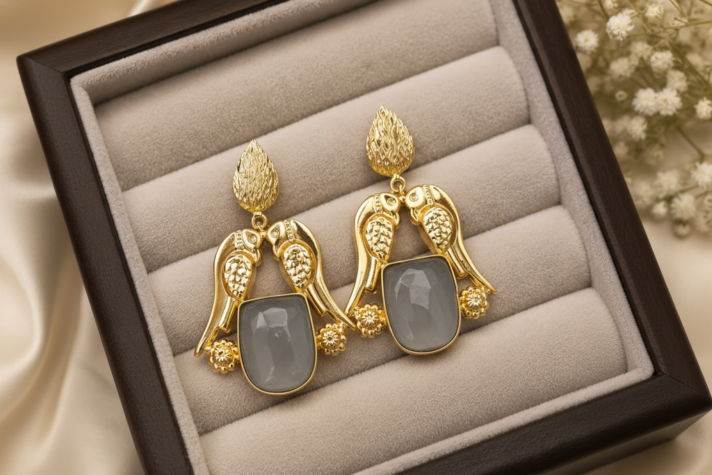 Vintage-Inspired Brass Gold-Plated Parrot Drop Earrings