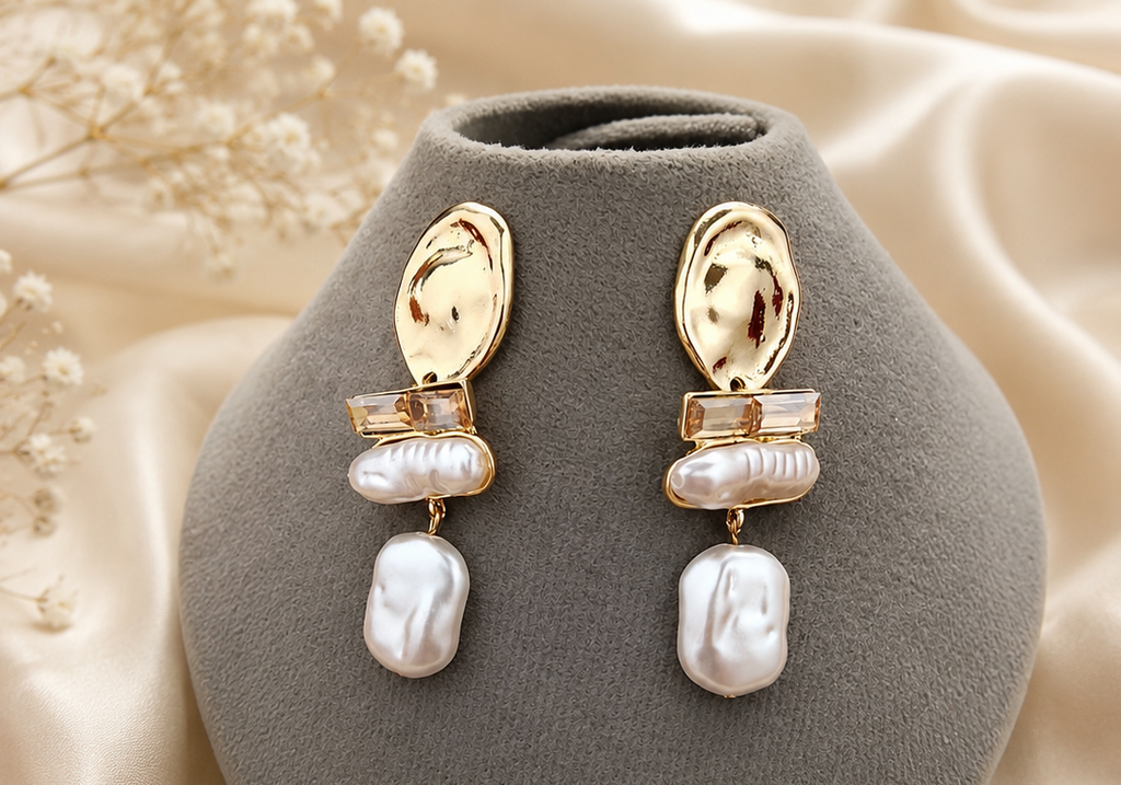 Women's vintage gold abstract baroque pearl statement drop earrings