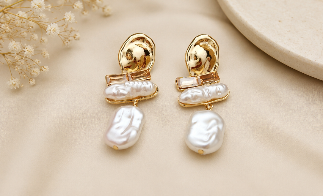 Women's vintage gold abstract baroque pearl statement drop earrings