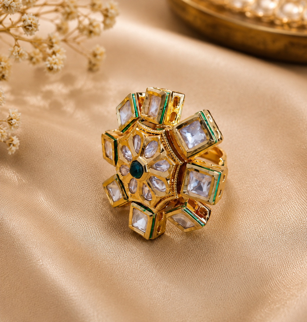 Floral Design Kundan Gold Plated Adjustable Ring