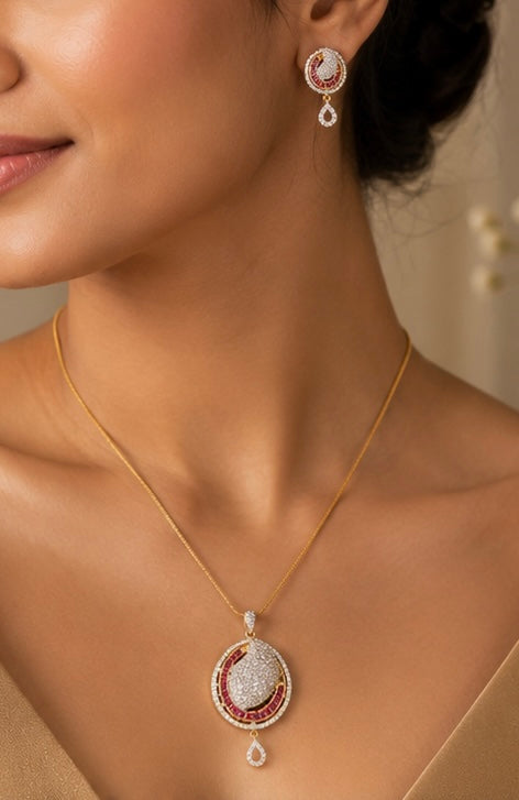 Glamorous Dual-Tone Ruby & American Diamond Pendant Set