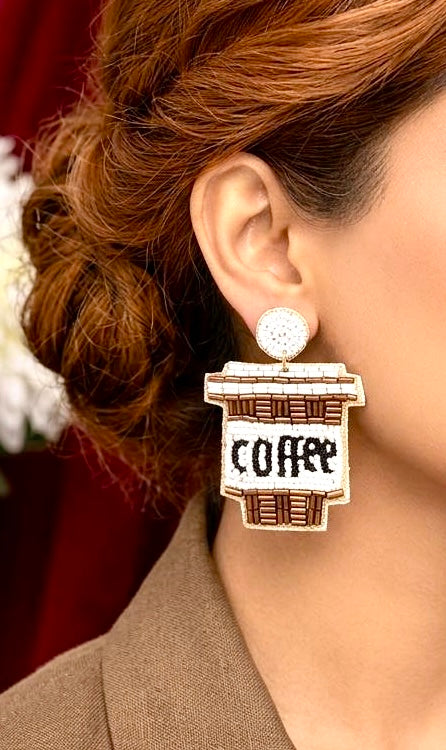 Handmade Beaded Coffee Cup Statement Earrings