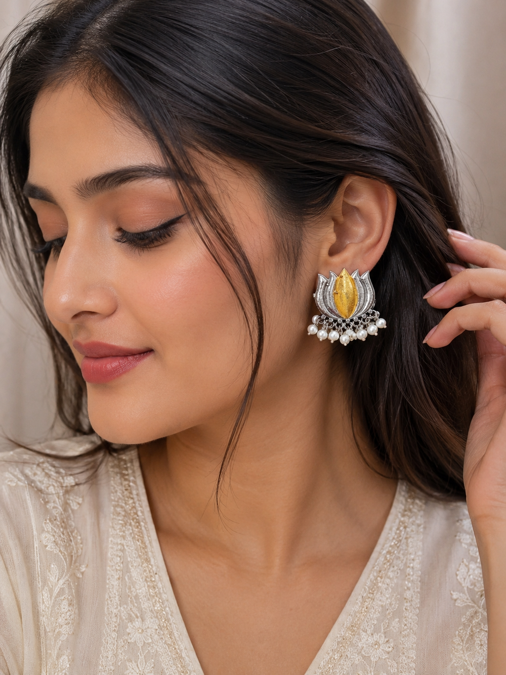 Dual-Tone Silver and Gold Lotus oxidised Stud Earring
