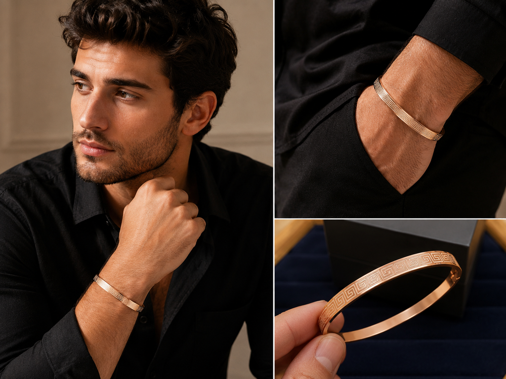 Sophisticated rose gold Greek key men's bracelet
