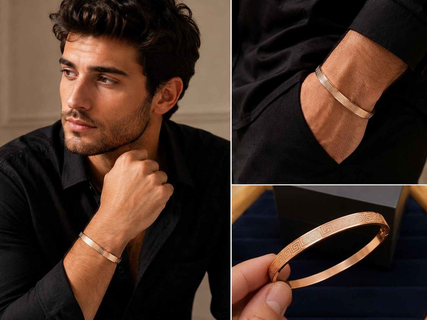 Sophisticated rose gold Greek key men's bracelet