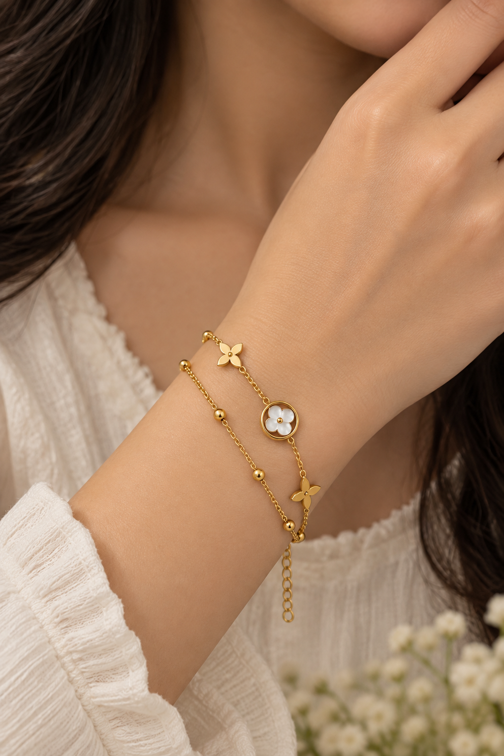 Layered clover station charm bracelet