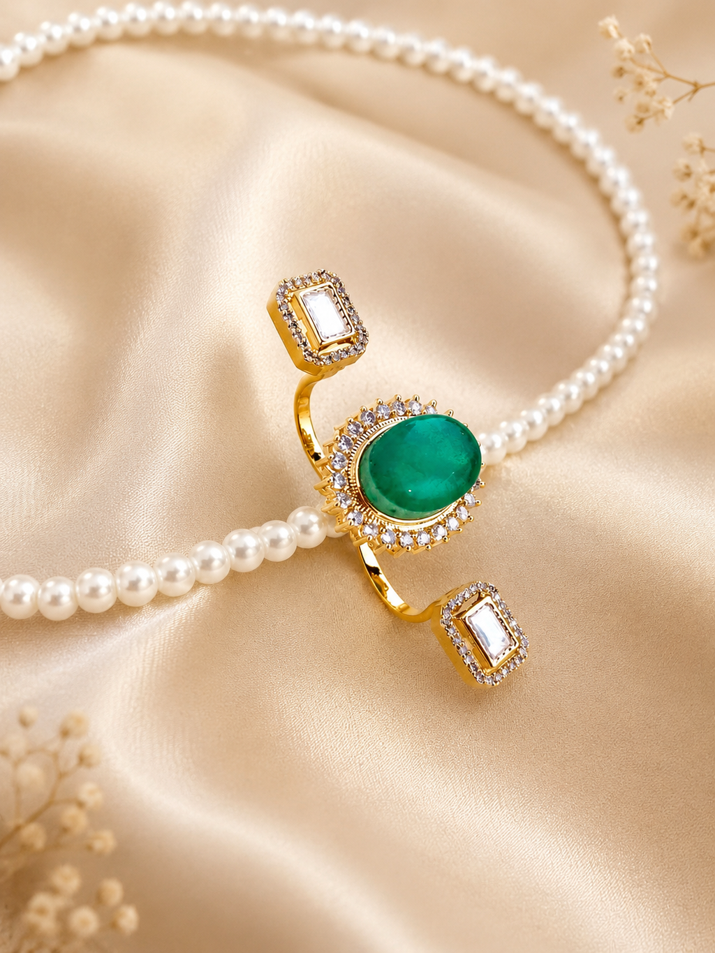 Royal emerald and diamond multi-finger statement ring