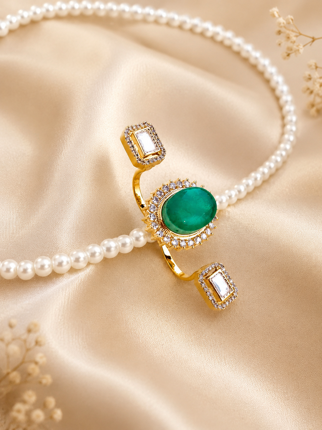 Royal emerald and diamond multi-finger statement ring