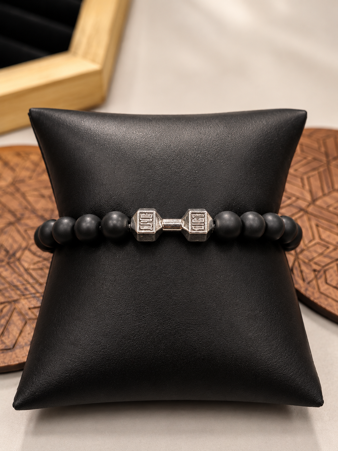 Fitness-themed dumbbell charm beaded bracelet,