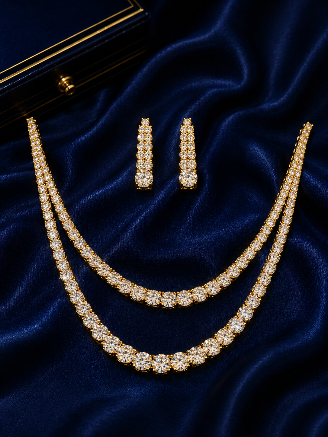 Double-Layer Gold-Plated American Diamond  Big Solitaire Tennis Necklace Set