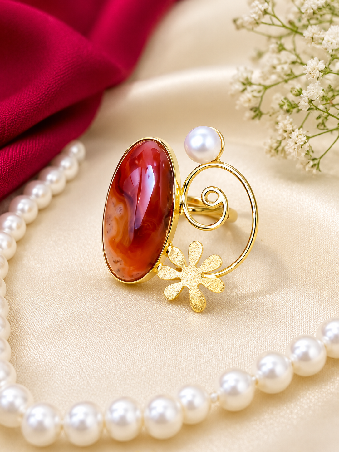 Asymmetrical Agate & Pearl Statement Ring
